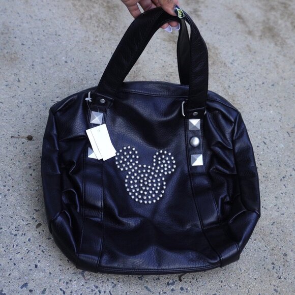 Disney Handbags - Disney Parks Mickey Mouse Studded Tote Bag – Faux Leather Black Silver Rivet Bag